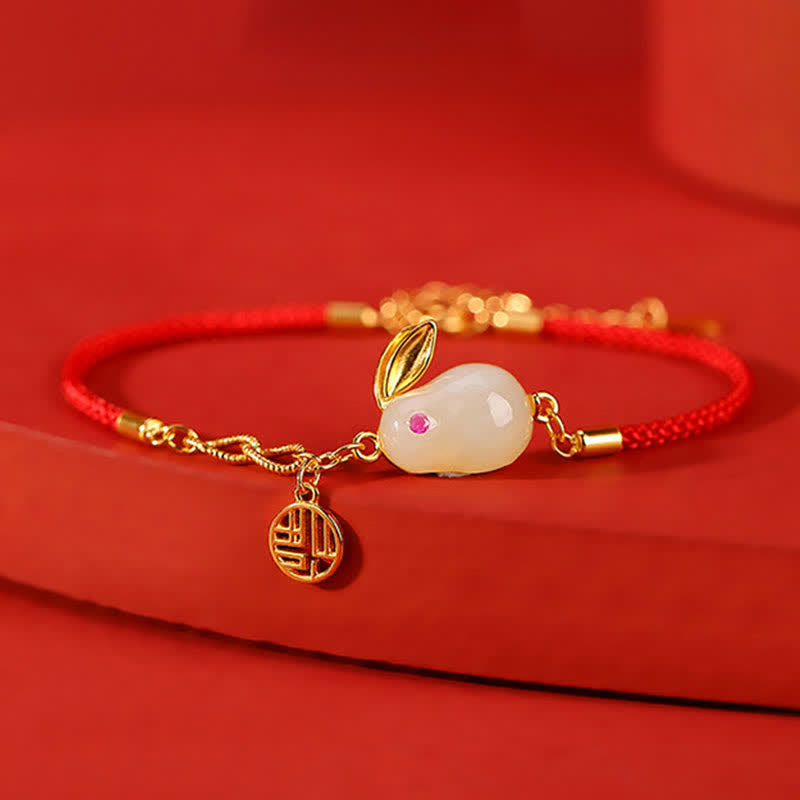KarmaRipple's 925 Sterling Silver Year of the Rabbit Hetian Ivory Jade Fortune Blessing Red String Bracelet p6
