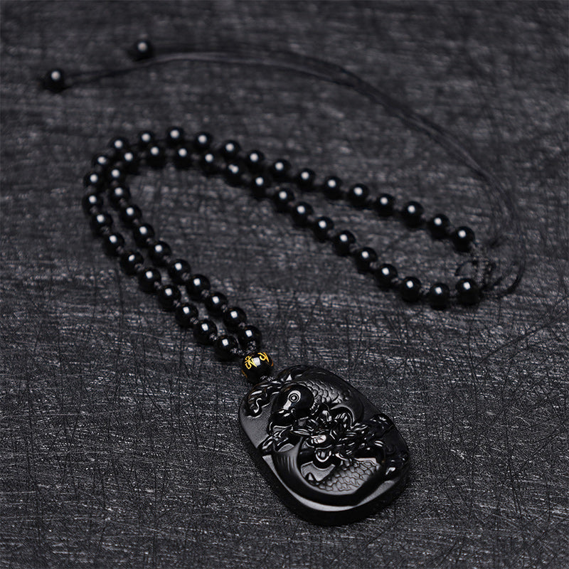 KarmaRipple's Authentic Black Obsidian Koi Fish Lotus Strength Beaded Pendant Necklace p7