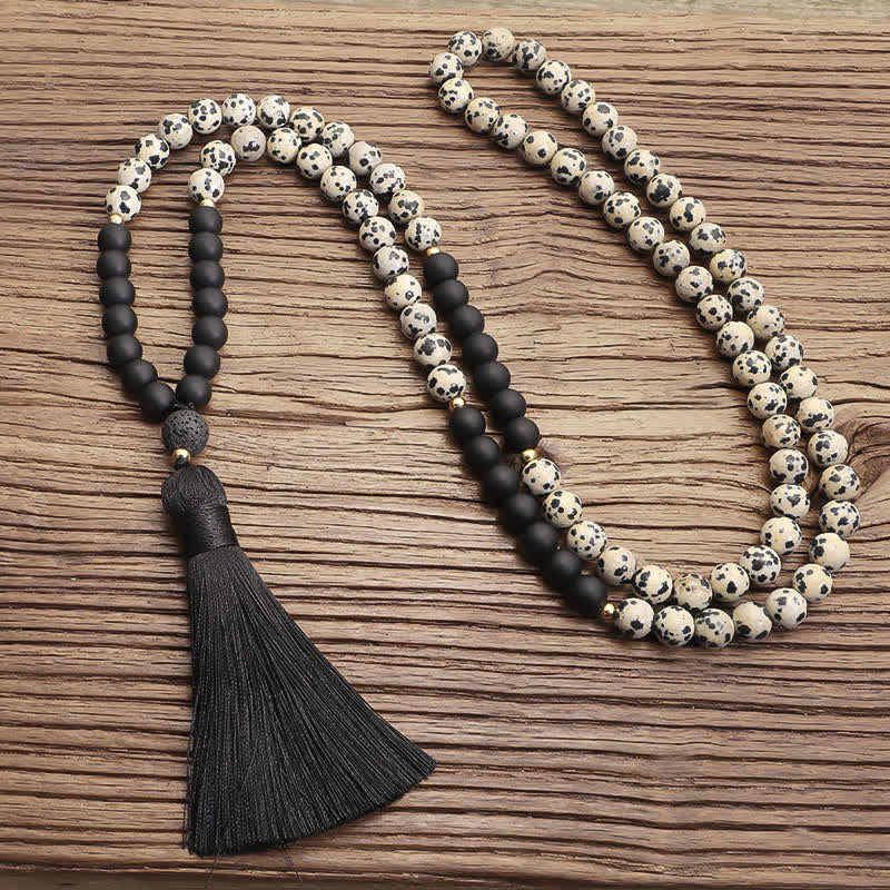 KarmaRipple's 108 Mala Beadwork Zebra Jasper Frosted Stone Protection Tassel Bracelet ( p7