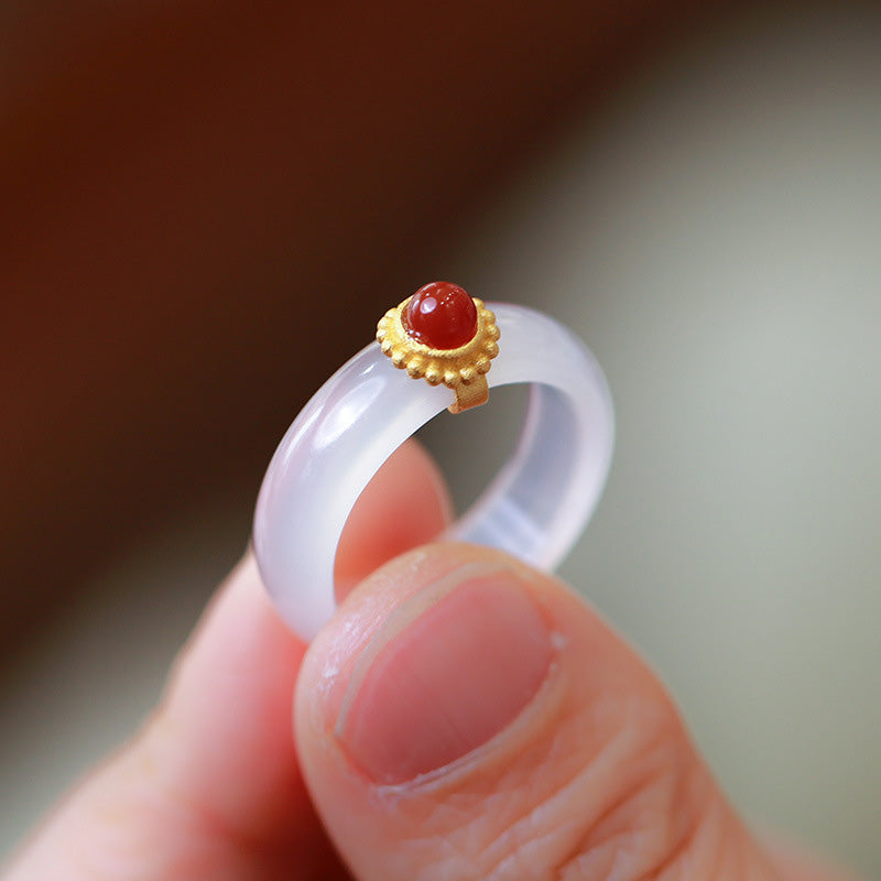 KarmaRipple's Ivory Agate Cyan Jade Turquoise Red Agate Fortune Protection Ring p27