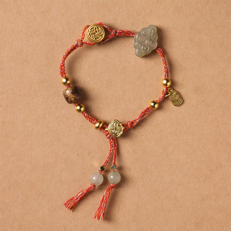 KarmaRipple's Handmade Auspicious Clouds Hetian Jade Fu Character Fortune Fortune Rope Bracelet p2