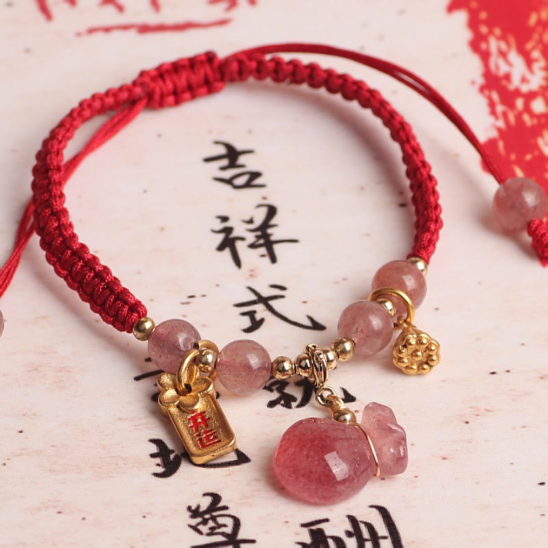 KarmaRipple's Authentic Strawberry Quartz Money Bag Lotus Balancing Talisman Red String Woven Bracelet p1