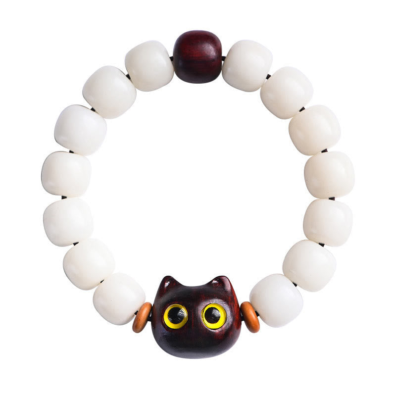 KarmaRipple's Authentic Bodhi Seed Small Leaf Red Sandalwood Ebony Wood Cute Fortunate Cat Wisdom Bracelet p9