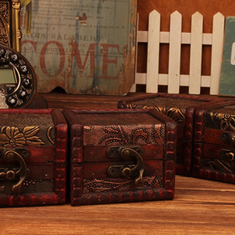 KarmaRipple's Retro Small Square Wood Jewelry Box Lotus Grass Flower Grape Bronze Coin Daffodil Jewelry Storage Box p28