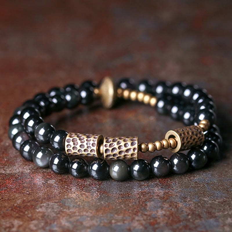 KarmaRipple's Rainbow Obsidian Bronze Love Double Wrap Bracelet p1