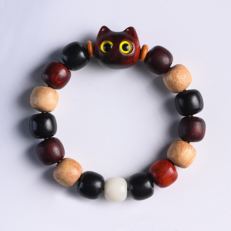 KarmaRipple's Small Leaf Red Sandalwood Ebony Wood Cute Cat Engraved Protection Bracelet p25