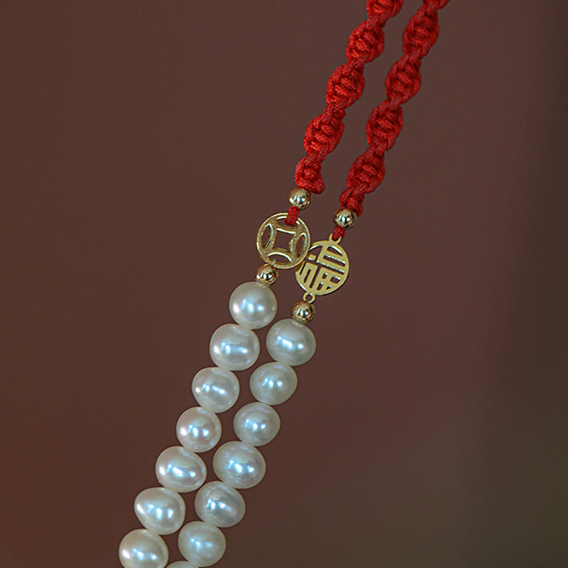 KarmaRipple's 14K Gold Plated Pearl Bead Fortune Protection Braid Red String Bracelet p4