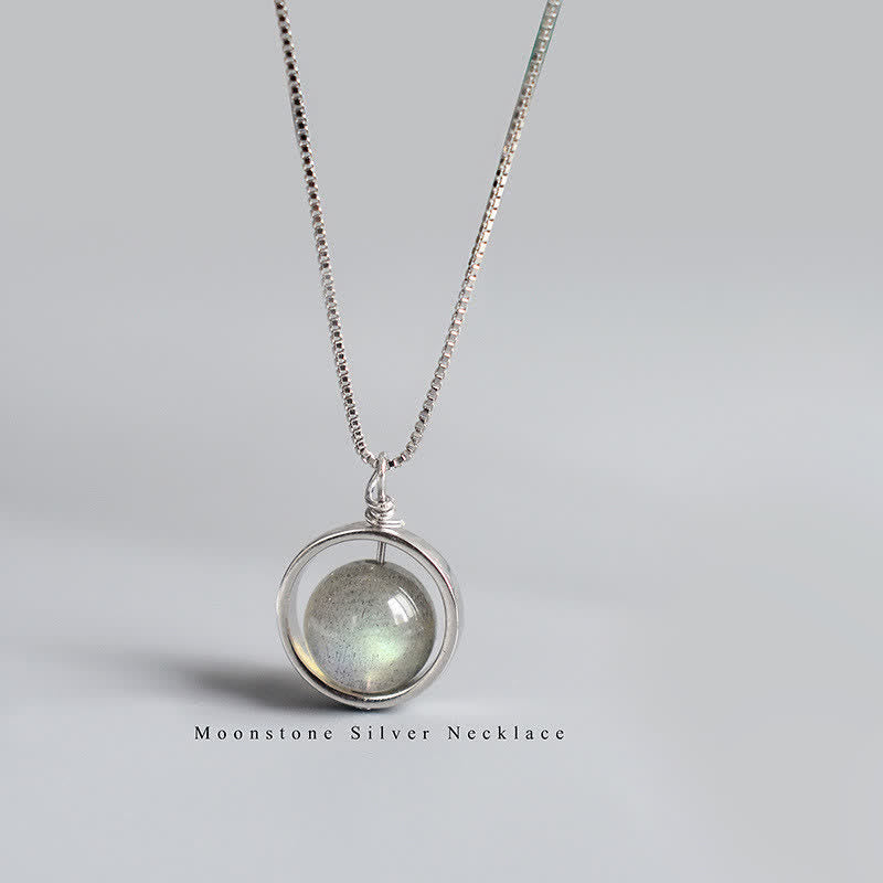 KarmaRipple's 925 Sterling Silver Moonstone Love Planet Rotatable Pattern Pendant Necklace p1