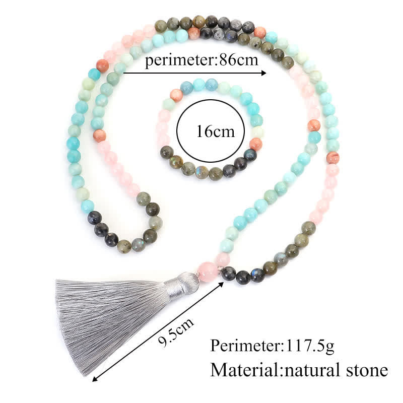 KarmaRipple's 108 Mala Beadwork Amazonite Black Glitter Stone'sitive Tassel Bracelet ( p22