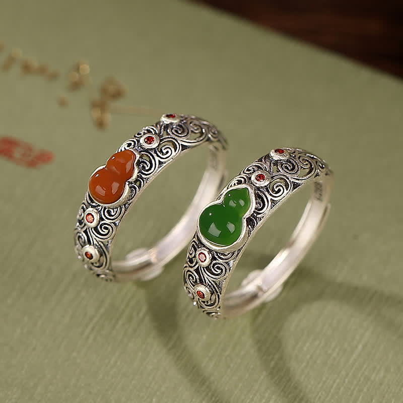 KarmaRipple's 925 Sterling Silver Red Agate Cyan Jade Gourd Blessing Auspicious Ring p3