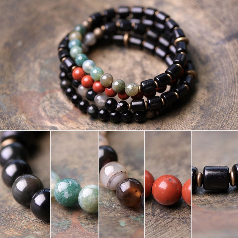 KarmaRipple's Ebony Wood Red Jasper Moss Agate Gemstone Bronze Peace Pair Bracelet p15