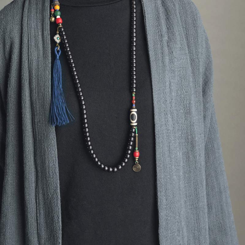 KarmaRipple's 108 Beadwork Mala Ebony Wood Dzi Bead Bronze Balance Tassel Bracelet p7