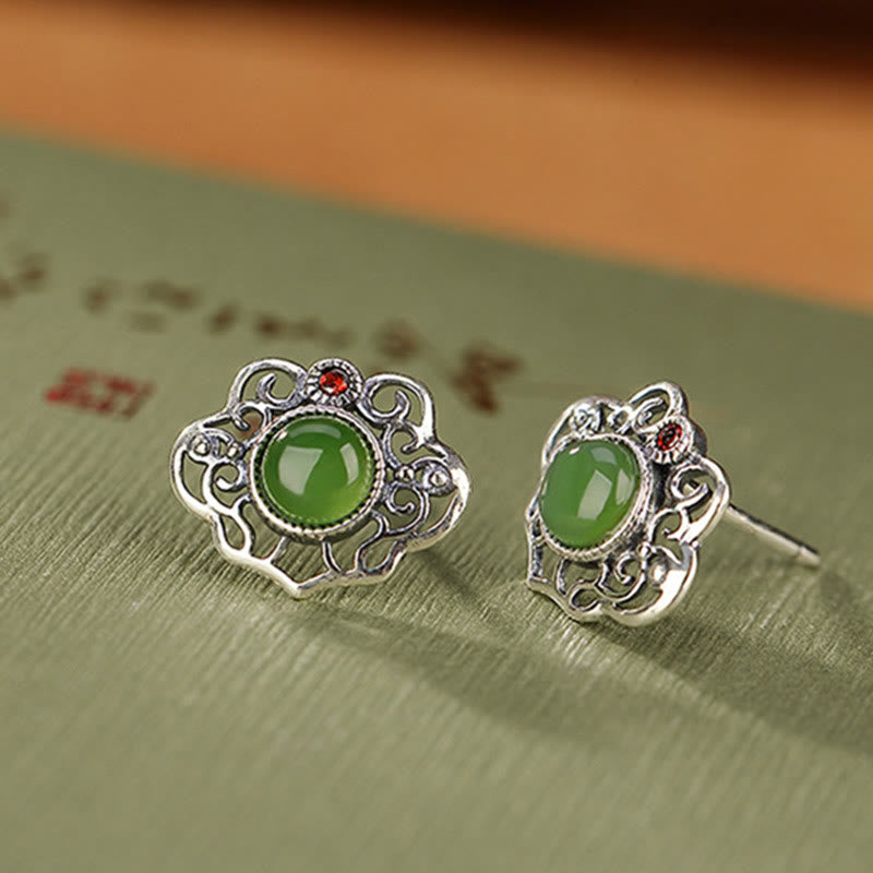 KarmaRipple's 925 Sterling Silver Authentic Hetian Cyan Jade Hollow Design Fortune Ring Earrings Set p11