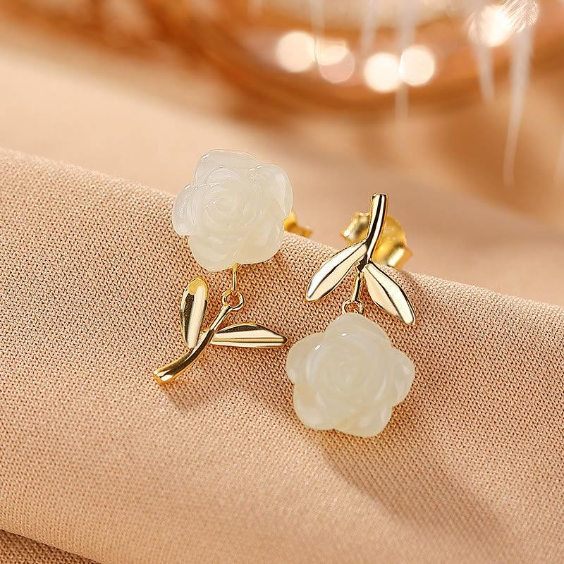 KarmaRipple's 925 Sterling Silver Plated Gold Jade Rose Flower Cyan Jade Pearl Fortune Earrings p1