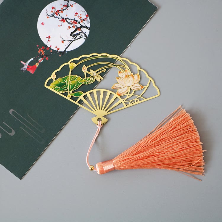 KarmaRipple's Traditional Butterfly Lotus Flower Crane Dragon Phoenix Fox Koi Fish New Beginning Metal Brass Hollow Fan Bookmarks p2