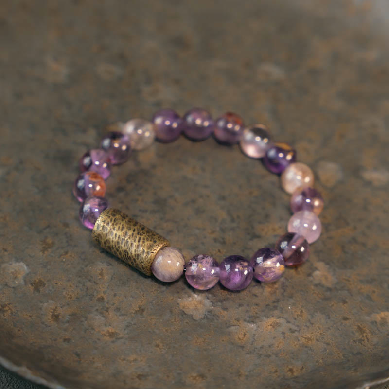 KarmaRipple's Ivory Gemstone Red Hematoid Quartz Gold Rutilated Quartz Purple Phantom Protection Bracelet p48