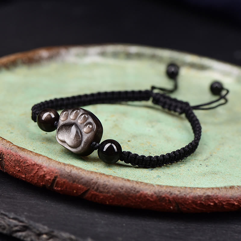 KarmaRipple's Authentic Silver Sheen Obsidian Gold Sheen Obsidian Cute Cat Paw Claw Protection Rope Bracelet p10