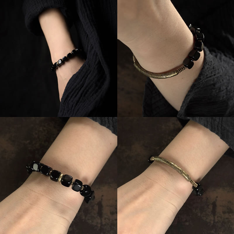 KarmaRipple's Black Obsidian Gemstone Bronze Strength Pair Bracelet p11