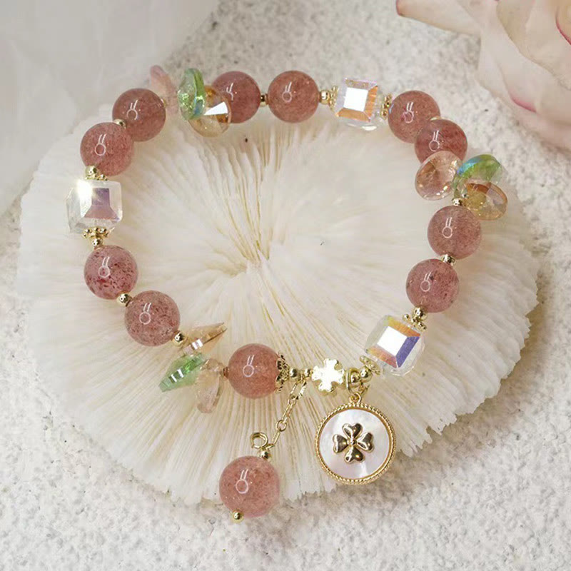 KarmaRipple's Strawberry Quartz Fortunate Four Leaf Clover Balancing Talisman Bracelet p10