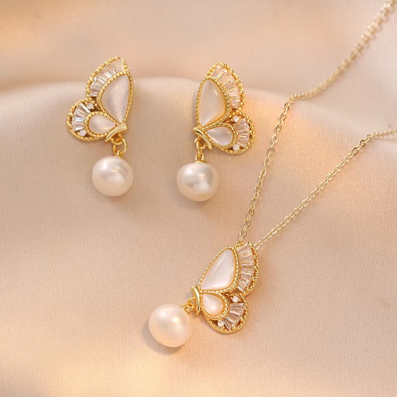 KarmaRipple's Tridacna Stone Pearl Bead Butterfly Balancing Pendant Necklace Earrings Set p1