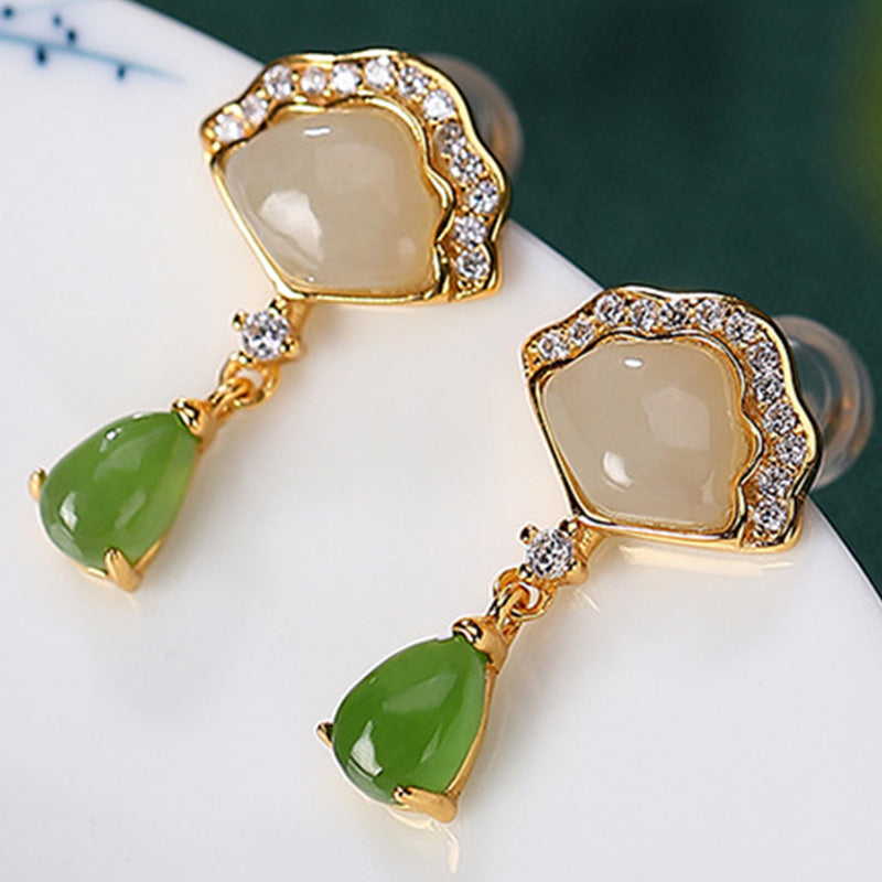 KarmaRipple's Ivory Jade Cyan Jade Fan Water Drop Pattern Fortune Drop Earrings p6