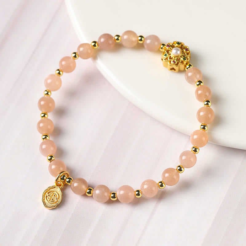 KarmaRipple's 14K Gold Plated Authentic Strawberry Quartz Labradorite Sun Stone Fu Character Positive Talisman Bracelet p14