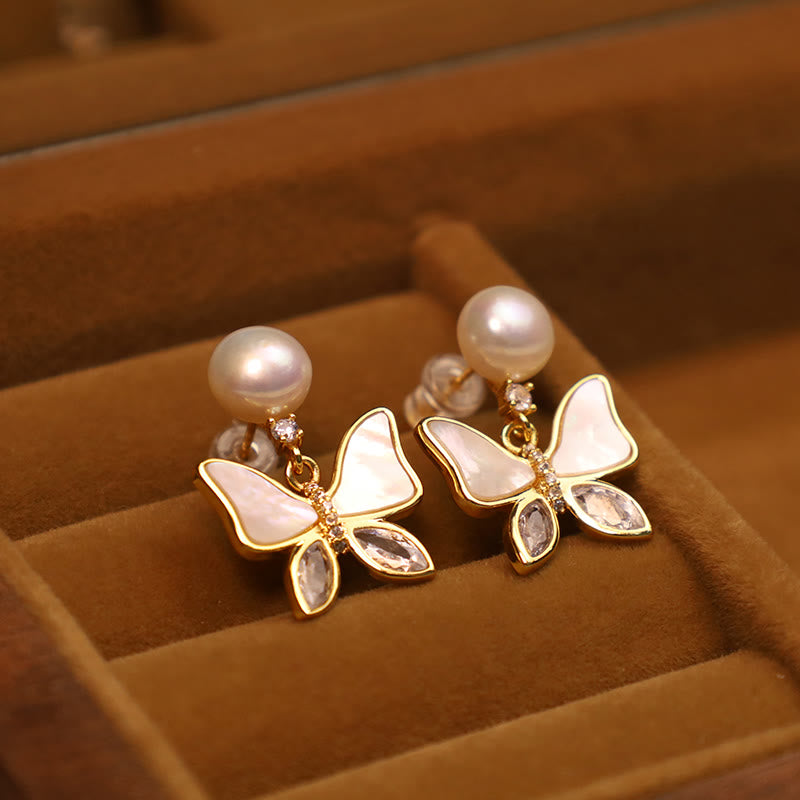 KarmaRipple's 18K Gold Plated Bronze Authentic Shell Pearl Butterfly Sincerity Stud Earrings p14