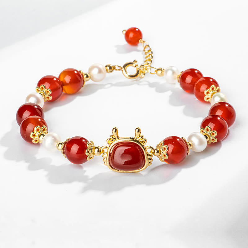KarmaRipple's 14K Gold Plated Year Of The Dragon Authentic Red Agate Pearl Protection Fu Character Chain Bracelet ( p1