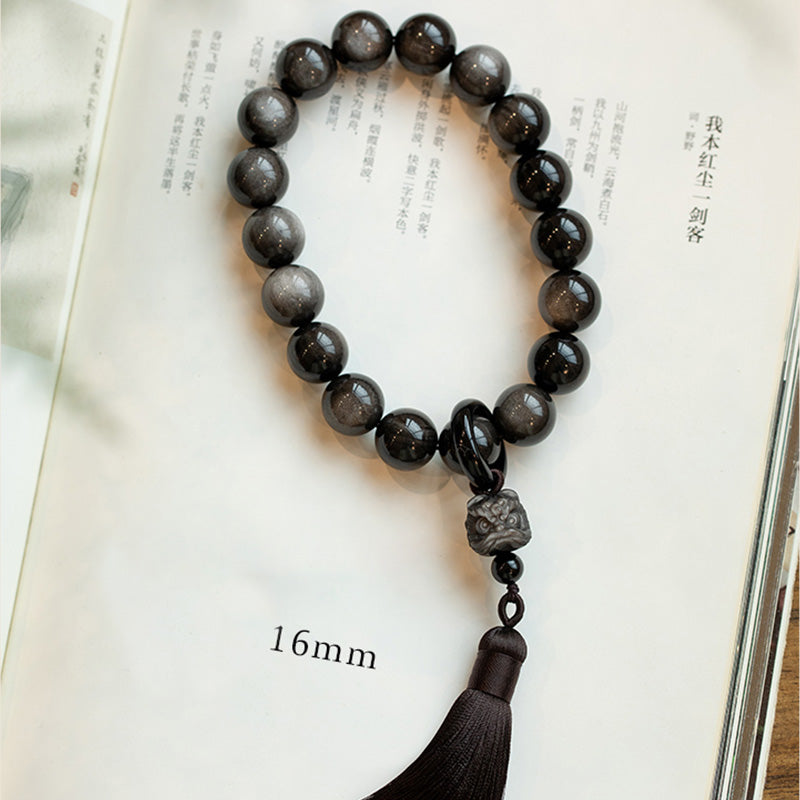 KarmaRipple's Authentic Silver Sheen Obsidian Black Obsidian Lion Wrist Mala Protection Tassels Pocket Mala Car Decoration p11