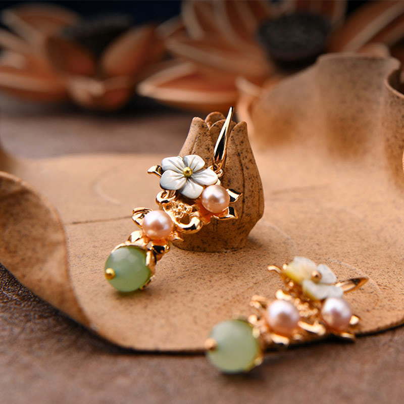 KarmaRipple's 14K Gold Plated Tridacna Stone Flower Pearl Green Aventurine Bead Drop Earrings p7