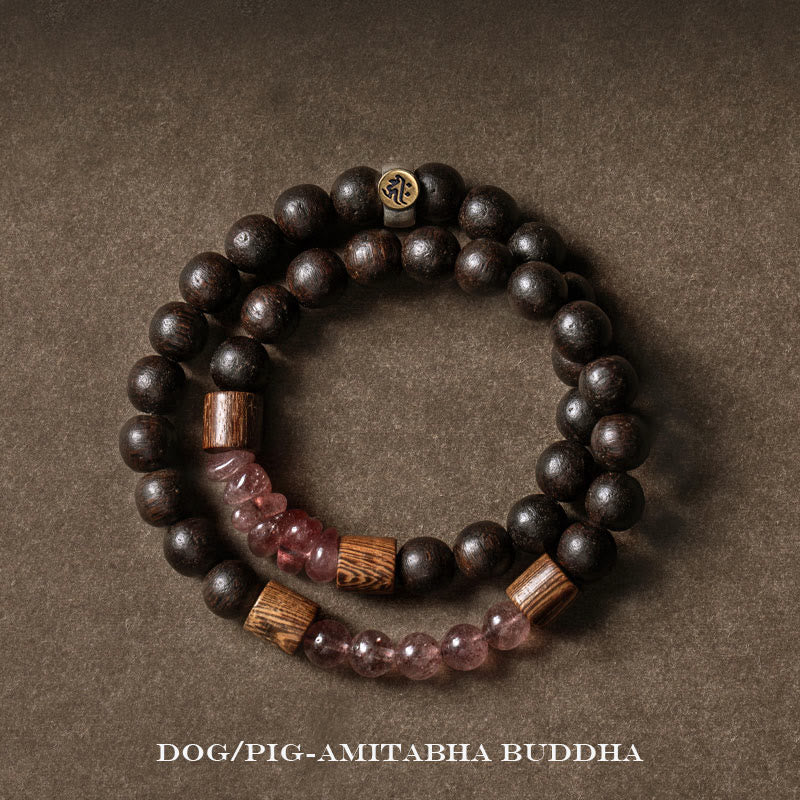 KarmaRipple's 925 Sterling Silver Chinese Zodiac Natal Buddha Agarwood Strawberry Quartz Peace Double Wrap Bracelet p50