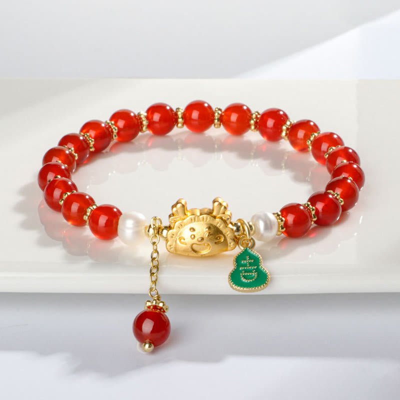 KarmaRipple's Year Of The Dragon Authentic Red Agate Pink Gemstone Black Onyx Dumpling Fortune Fu Character Bracelet p6