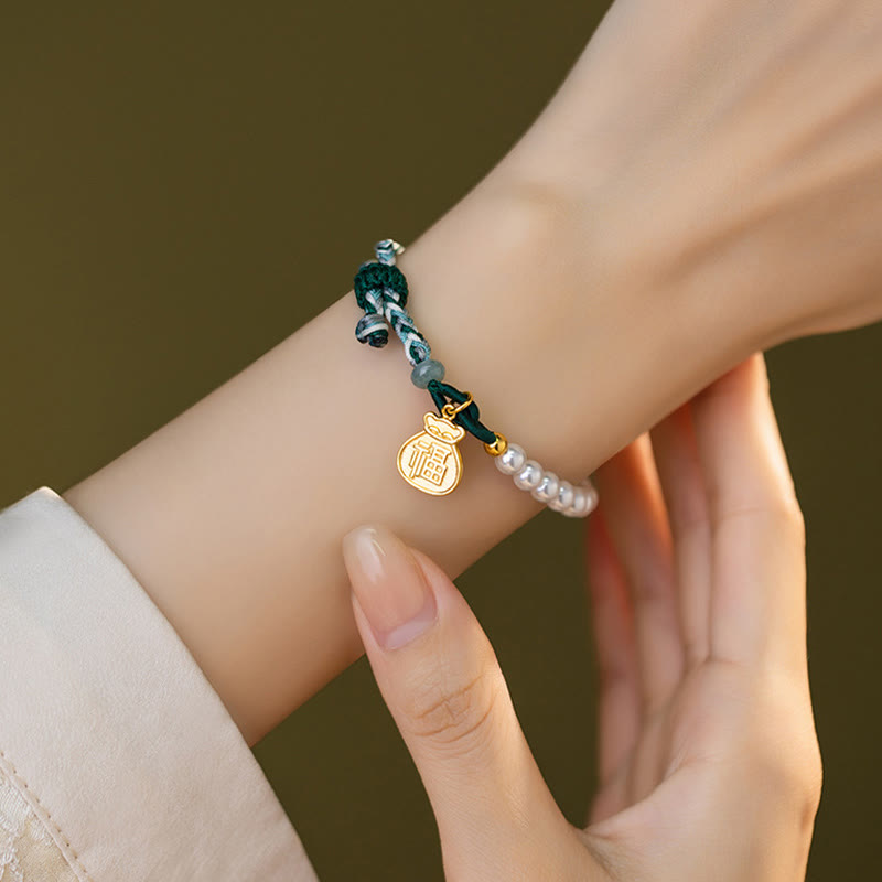 KarmaRipple's 925 Sterling Silver Fu Character Fortunate Bag Pearl Hetian Jade Wisdom Rope Bracelet p10