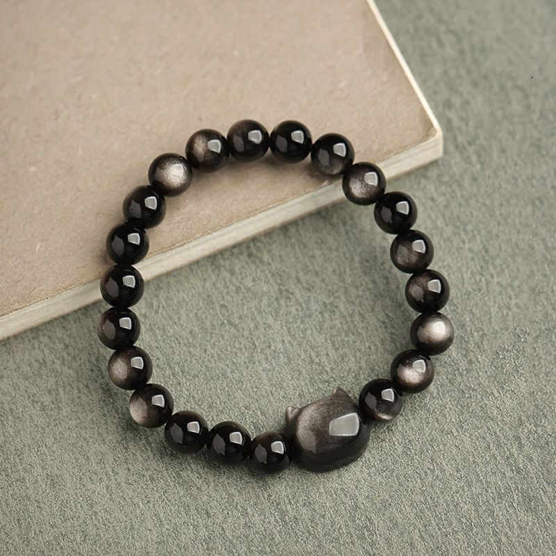 KarmaRipple's Gold Sheen Obsidian Silver Sheen Obsidian Lovely Paw Fortunate Cat Protection Bracelet p23