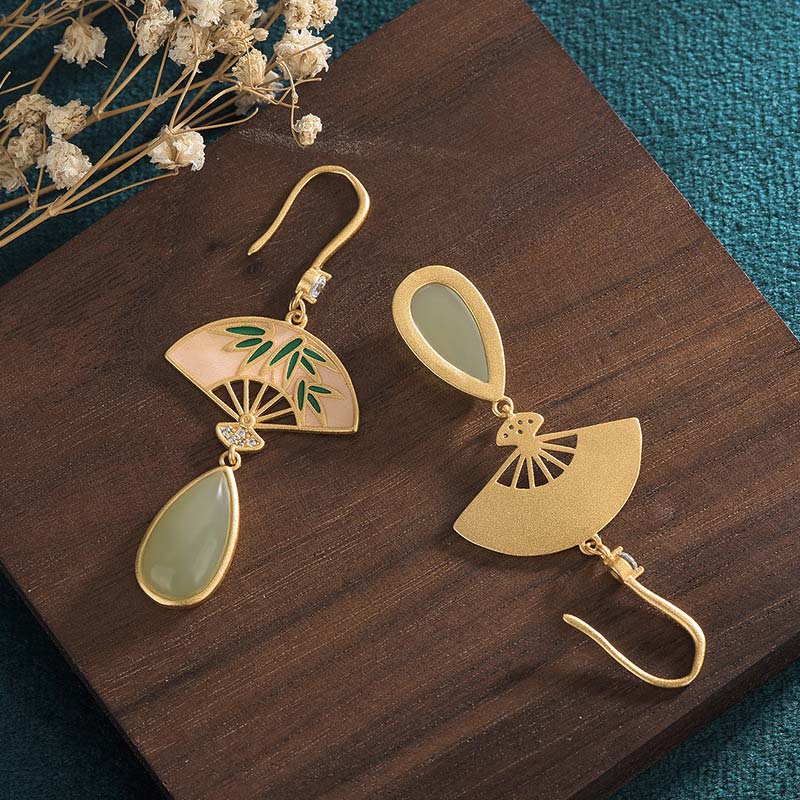 KarmaRipple's Authentic Green Aventurine Fan Pattern Fortune Drop Earrings p5