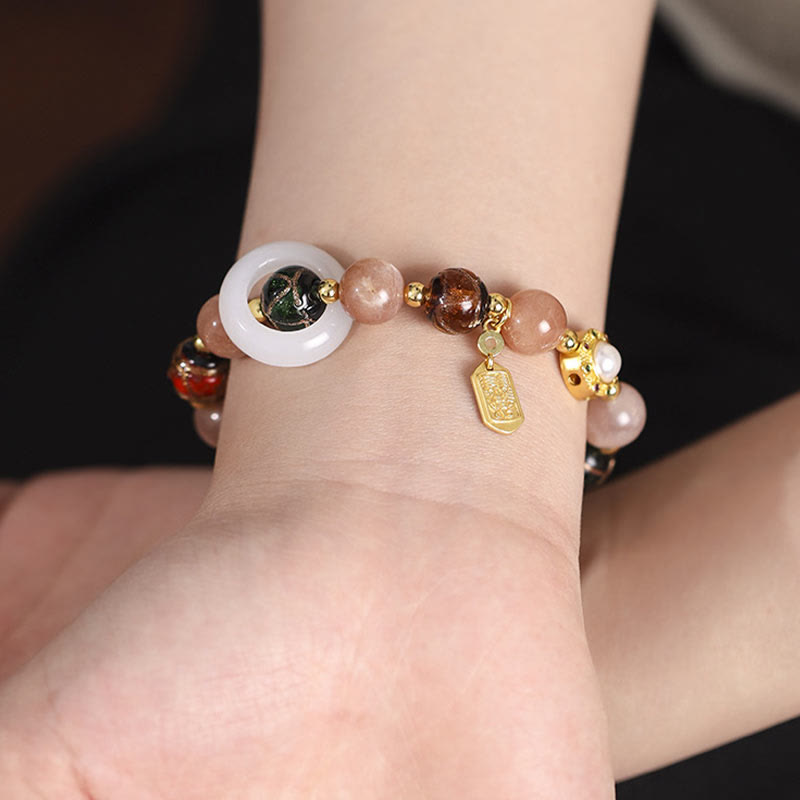 KarmaRipple's Tibetan Incense Ash Liuli Glass Tridacna Stone Sun Stone Om Mani Padme Hum Prayer Wheel Talisman Bracelet p12