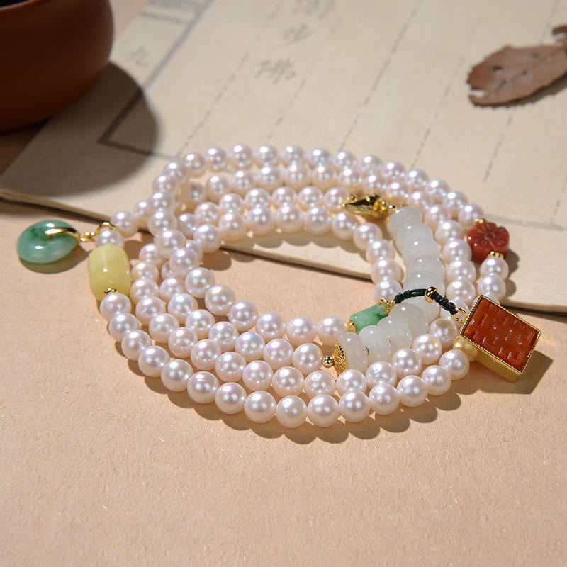 KarmaRipple's 925 Sterling Silver Pearl Hetian Jade Red Agate Double Happiness Amber Fortune Quadruple Wrap Bracelet p2