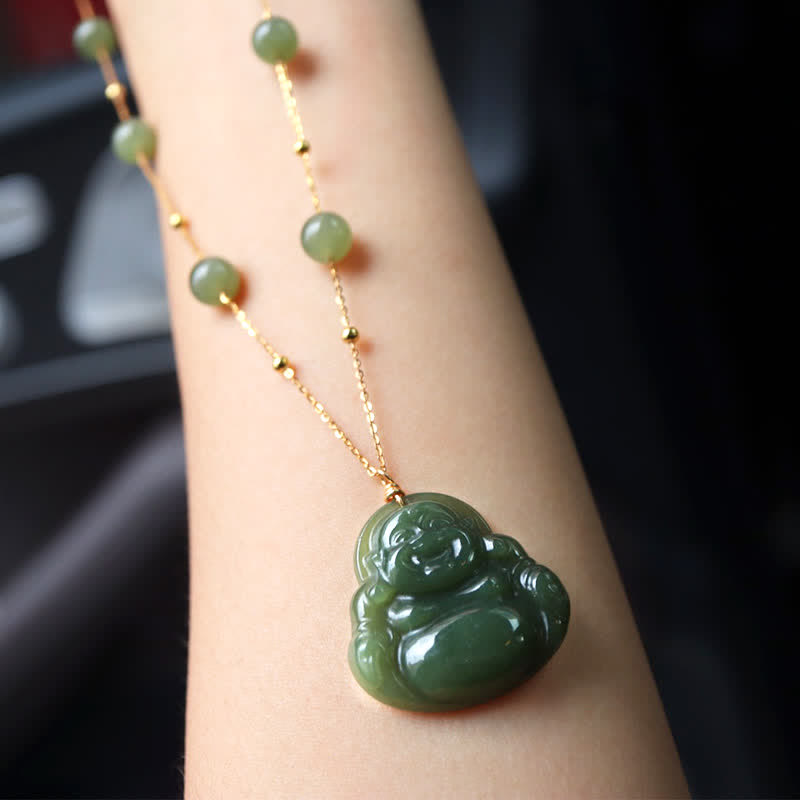 KarmaRipple's Laughing Buddha Hetian Jade Fortune Pendant Bead Chain Necklace p3