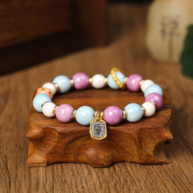 KarmaRipple's Tibetan Zakiram Goddess of Wealth Rabbit Lion Head Talisman Liuli Glass Incense Ash Porcelain Bead Protection Bracelet p3