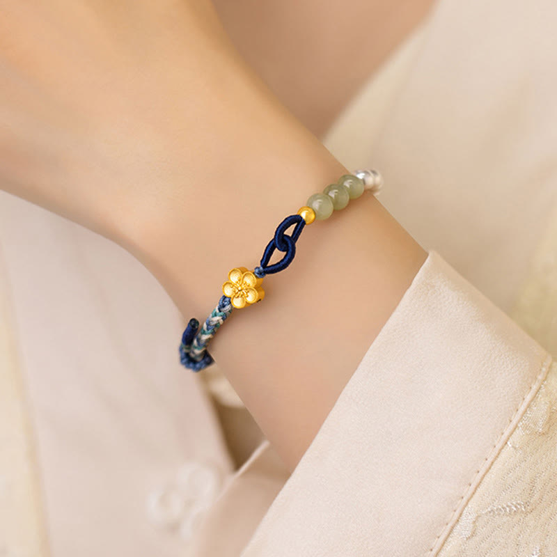 KarmaRipple's 925 Sterling Silver Hetian Jade Peach Blossom Flower Pearl Woven Fortune Bracelet p4