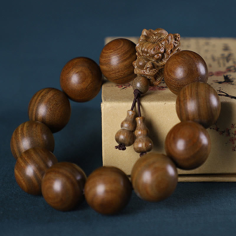KarmaRipple's Rosewood Green Sandalwood Small Leaf Red Sandalwood Agarwood Dragon Carved Protection Bracelet p2