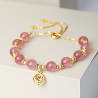 KarmaRipple's 14K Gold Plated Authentic Strawberry Quartz Fu Character Positive Talisman Bracelet