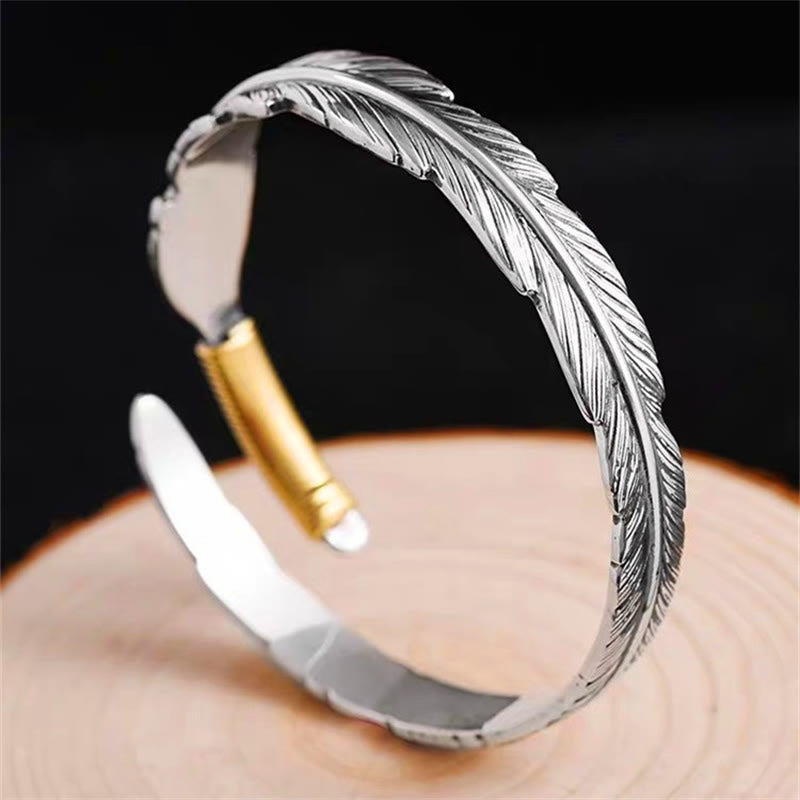 KarmaRipple's Feather Pattern Engraved Fortune Cuff Bracelet Bangle p2