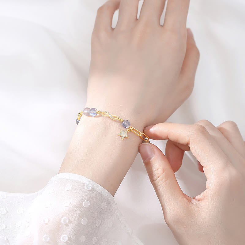 KarmaRipple's 14K Gold Plated Authentic Strawberry Quartz Moonstone M?bius Loop Eternal Love Star Positive Bracelet p7