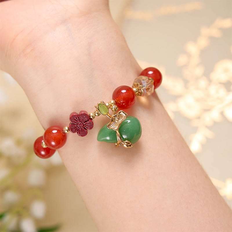 KarmaRipple's Authentic Red Agate Green Agate Gourd Cinnabar Flower Beadwork Confidence Bracelet p11