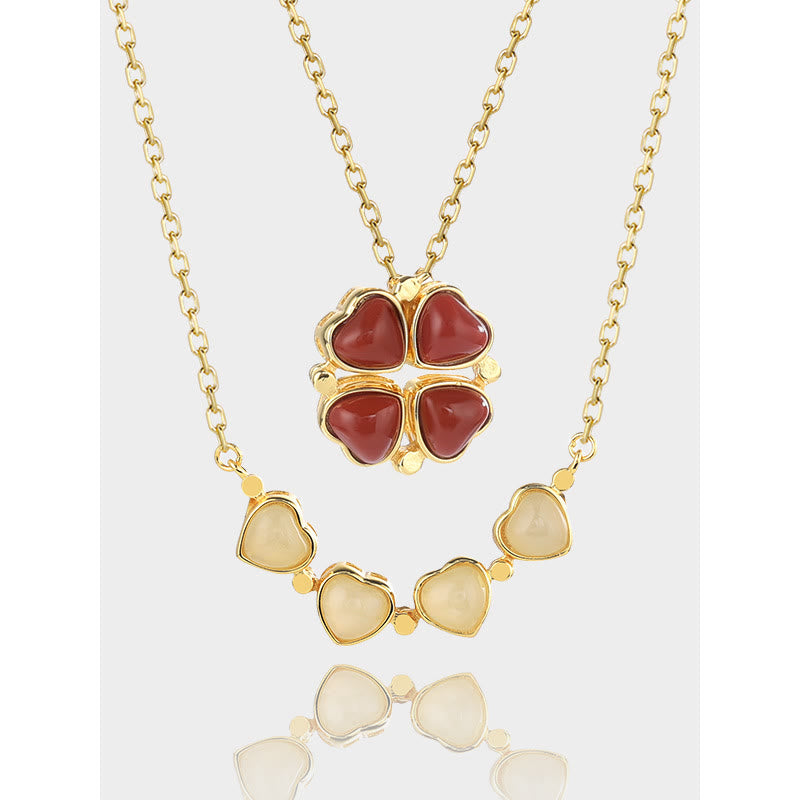 KarmaRipple's 925 Sterling Silver Four Leaf Clover Ivory Jade Red Agate Abundance Pendant Necklace p9