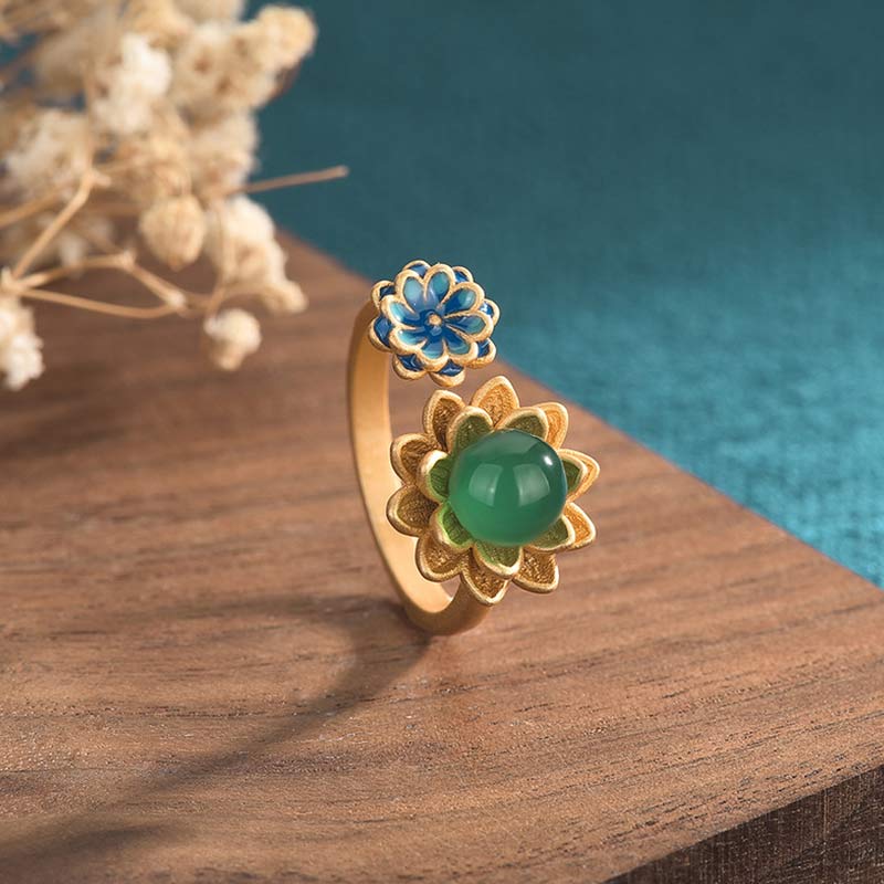 KarmaRipple's Lotus Pattern Jade Abundance Adjustable Ring p4