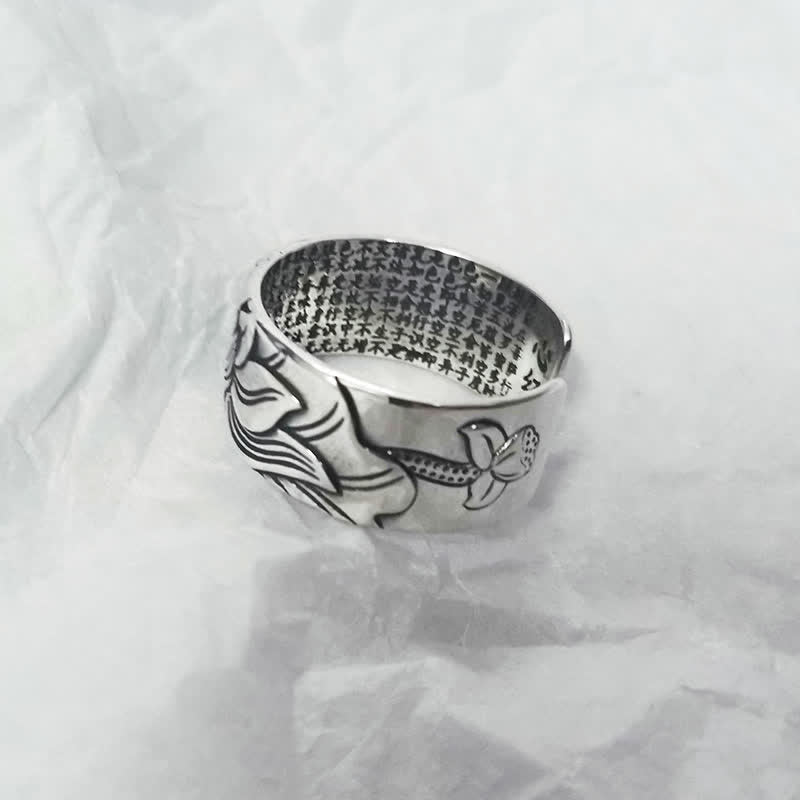 KarmaRipple's 999 Sterling Silver Lotus Symbol Heart Sutra Protection Ring p6
