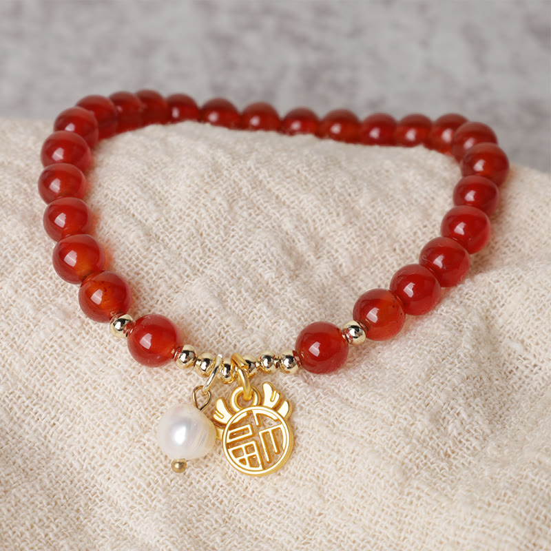 KarmaRipple's Year of the Dragon Red Agate Jade Peace Buckle Fu Character Success Bracelet ( p22