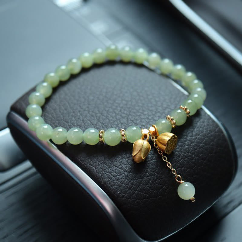 KarmaRipple's 925 Sterling Silver Plated Gold Authentic Hetian Jade Bead Gourd Lotus Bamboo Fu Character Fortune Bracelet p12